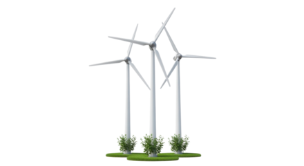 Wind turbines with plants at the base producing clean sustainable energy isolated PNG with Transparent Background