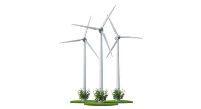 Wind turbines with plants at the base producing clean sustainable energy isolated PNG with Transparent Background