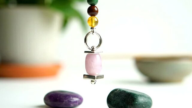 Spiritual healing session with a crystal pendulum and tumbled stones.