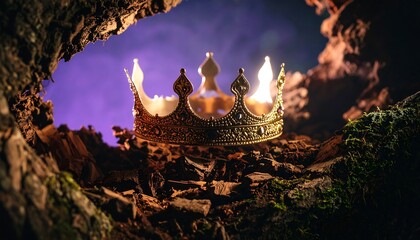 Golden Crown Resting on Rough Bark Against a Dark Background