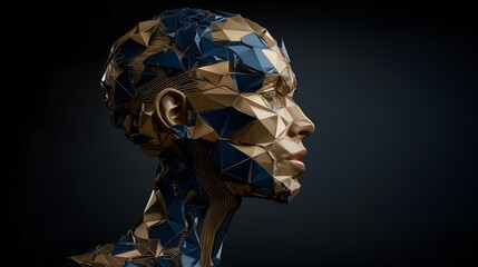 Futuristic Gold and Blue Faceted Robot Head in Profile.
