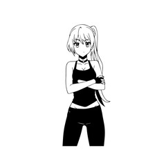 Black and white hot anime character line art illustration, stylish minimal outline drawing in clean style