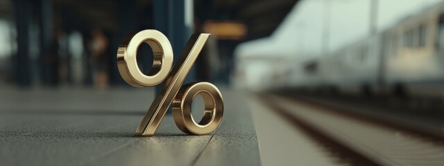 Shiny golden percent symbol standing on railway station platform with blurred moving train in background. Concept of finance, travel discounts, transport economy and investment in mobility. banner