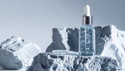 A cosmetic serum in a glass dropper bottle with a pipette, displayed on rough grey stones against a clean, minimalist background.
