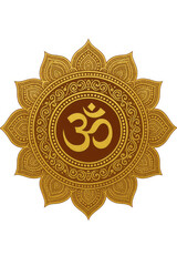Golden om symbol inside ornate mandala hindu spirituality and meditation icon sacred geometry pattern aum sign vector illustration isolated on white for yoga and mindfulness