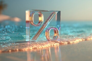 Transparent per cent sign on sandy beach with water splashes. summer discount, beach sale, holiday promotion.