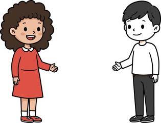 Cartoon boy and girl illustration, handshake agreement concept, smiling children characters, friendship, cooperation, teamwork, respect, unity, partnership, positive relationship