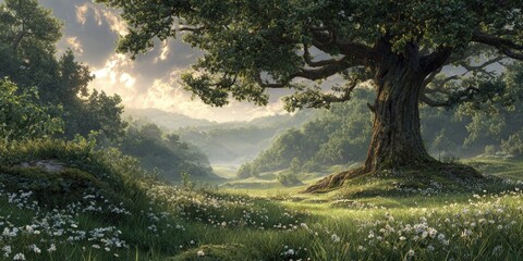 Lush, sun-drenched meadow beneath a towering oak, nestled in a valley