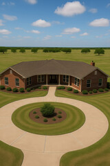 Aerial view of brick ranch house with circular driveway manicured lawn and landscaping rural real estate property drone photo suburban home exterior architecture countryside living
