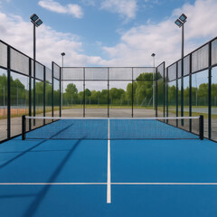 Modern outdoor pickleball court with blue playing surface glass walls and metal fencing under bright sky sports facility architecture tennis paddle sport venue stock image
