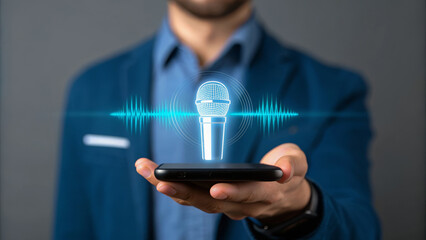 Digital personal assistant ai microphone concept with voice recognition and soundwave displayed above smartphone held by businessman