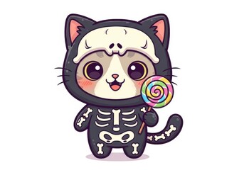 Obraz premium Cute cartoon cat wearing a skeleton costume holding a colorful lollipop kitten animal