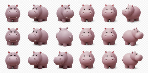 Collection of fifteen pink hippopotamus figurines in various poses against a transparent background.