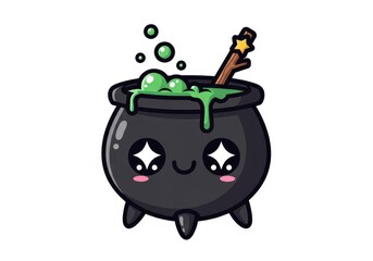 Cute cartoon cauldron with bubbling green potion and star tipped wand witch