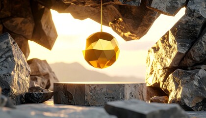 Golden Geometric Orb and Stone Pedestal Display in Rocky Scene