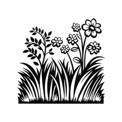 Black silhouette showcases blooming flowers and leafy branches nestled amongst stylized blades of grass