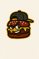 Cool cheeseburger mascot wearing backwards cap streetwear style fast food logo character cartoon vector illustration isolated on light background restaurant branding sticker design
