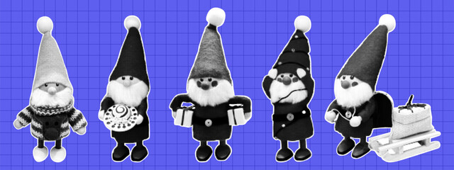 Halftone vintage christmas santa collage. Merry Christmas and Happy New Year. Set of vectors cut out holiday elf.