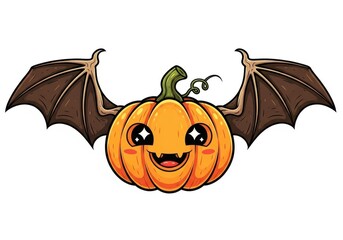 Naklejka premium Cute cartoon orange pumpkin with bat wings and happy face halloween