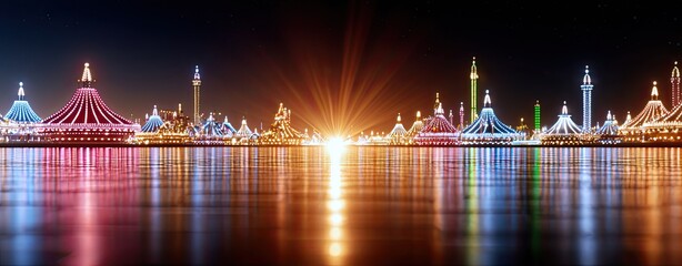 Festival bridge with colorful lights reflection, illuminated night bridge panorama, glowing festival bridge scene with vibrant colors for holiday celebration and urban background