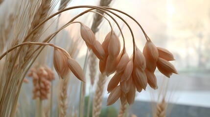 Delicate wheat stalks with seed pods in soft sunlight.