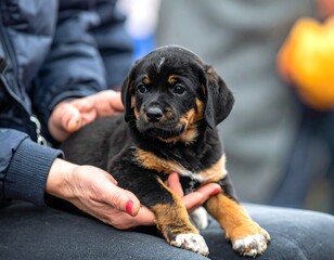 A small puppy, black and tan, held gently in a person's lap.  The puppy looks directly at the camera.  Blurred background