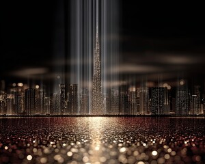 Futuristic cityscape with glowing light beams, luxury skyline night view, illuminated futuristic city urban scene with dramatic vertical light rays for premium background and design