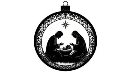 Silhouette illustration nativity scene inside decorative Christmas ornament holy family Jesus Mary Joseph religious festive decoration isolated on white background
