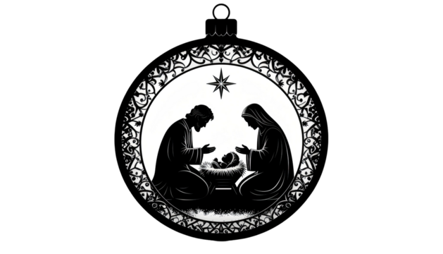 Silhouette illustration nativity scene inside decorative Christmas ornament holy family Jesus Mary Joseph religious festive decoration isolated on white background