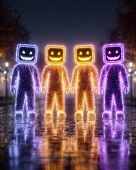 Halloween glowing characters with neon pumpkin heads, futuristic street party concept, Halloween glowing characters for festival, digital art, and creative event backgrounds