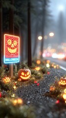 Halloween street scene with glowing pumpkins, Halloween festive signage and decorations, creative Halloween pumpkin illuminated urban background for seasonal party and design themes