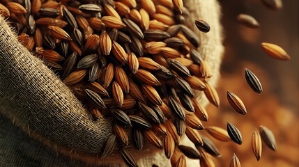 Close-up of wild rice grains spilling from a burlap sack, showcasing their natural colors and textures.