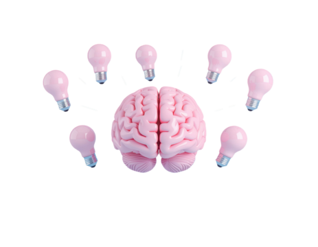 Human brain with multiple lightbulbs floating around creative intelligence innovation imagination knowledge learning idea thinking isolated on white background