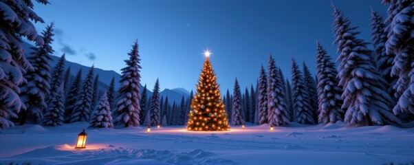 Wide view of snowy forest clearing with giant Christmas tree glowing at center