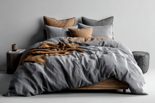 Hyper-realistic animation top down product photo of a double bed with messily folded gray duvet pillows on wooden bench