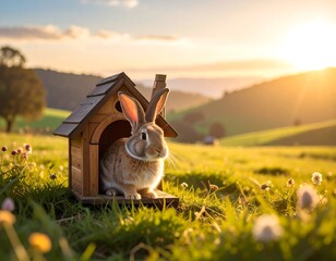 A small rabbit sits inside a wooden house in a grassy field at sunset