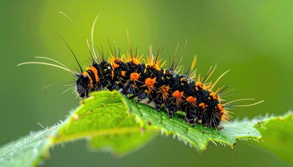 Close-up of a black and orange caterpillar on a leaf