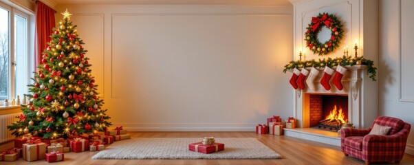A panoramic living room scene with a grand Christmas tree decorated in gold and red on the left