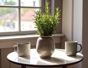A small, round table with a vase of rosemary and two mugs, in front of a window. Sunlight streams in