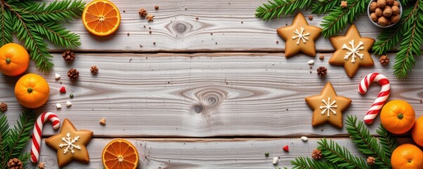 Flat lay banner of gingerbread cookies shaped like stars, candy canes