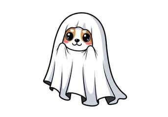 Obraz premium Cute dog wearing a ghost costume peeking out with blush puppy sheet