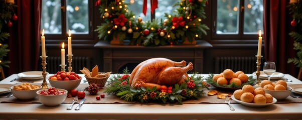 Wide banner of Christmas feast with roasted turkey, candles