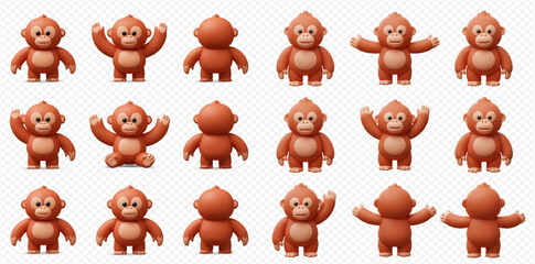 Fifteen cartoon orangutans in various poses, including standing, sitting, and raising arms, against a transparent background.