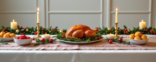 Wide banner of Christmas feast with roasted turkey, candles