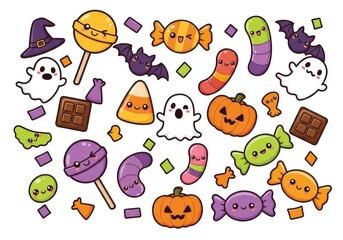Fototapeta premium Cute Halloween candy assortment with ghosts bats pumpkins and lollipops image