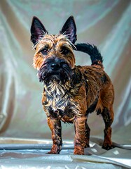 A small, scruffy dog, wet and muddy, stands poised against a light, draped backdrop