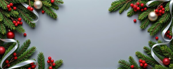 Flat lay panoramic arrangement of Christmas wreaths, pine branches