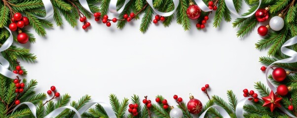 Flat lay panoramic arrangement of Christmas wreaths, pine branches