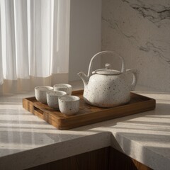 Elegant tea set on wooden tray