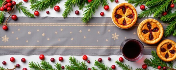 Flat lay banner of fruitcake, mince pies, and mulled wine arranged neatly across table edge to edge